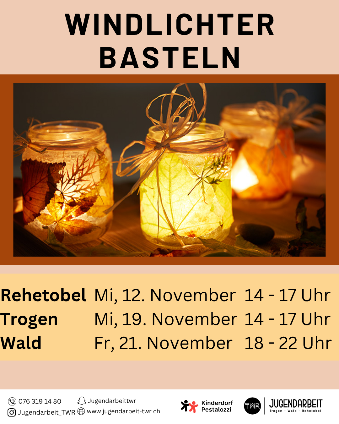 Windlichter basteln Nov. 25 Rucksack bedrucken im Jugendtreff in Trogen am 25. Oktober